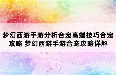 梦幻西游手游分析合宠高端技巧合宠攻略 梦幻西游手游合宠攻略详解